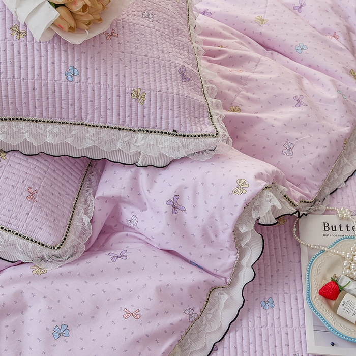 91家纺网 家纺一手货源 找家纺 源舜家纺 2026新款全棉斜纹花边床盖多功能被子四件套 甜心花语-紫