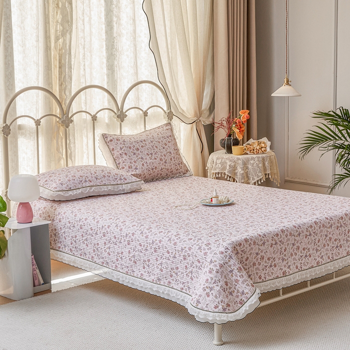 91家纺网 家纺一手货源 找家纺 源舜家纺 2026新款全棉斜纹花边床盖多功能被子四件套 文艺风范-粉