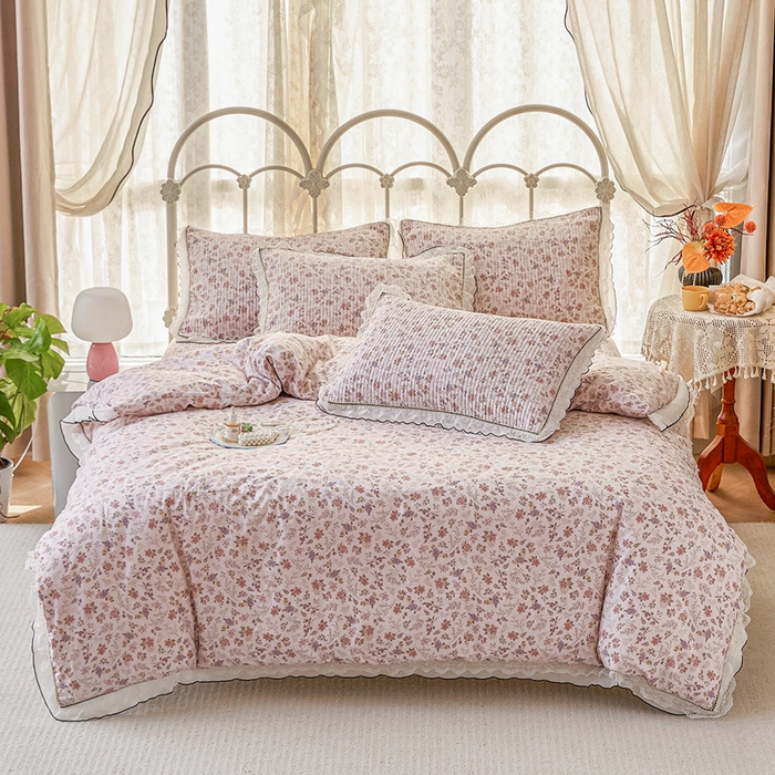 91家纺网 家纺一手货源 找家纺 源舜家纺 2026新款全棉斜纹花边床盖多功能被子四件套 文艺风范-粉