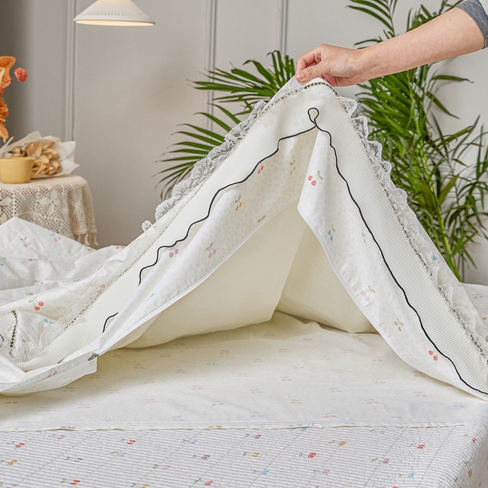 91家纺网 家纺一手货源 找家纺 源舜家纺 2026新款全棉斜纹花边床盖多功能被子四件套 小樱桃-米