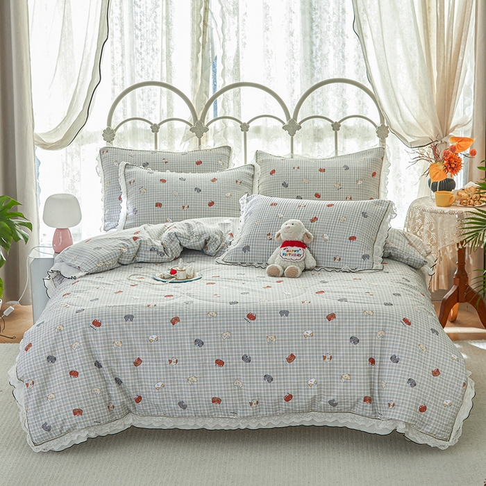 91家纺网 家纺一手货源 找家纺 源舜家纺 2026新款全棉斜纹花边床盖多功能被子四件套 幸福咪咪-蓝