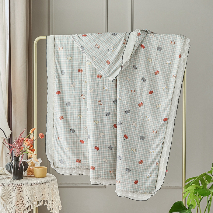 91家纺网 家纺一手货源 找家纺 源舜家纺 2026新款全棉斜纹花边床盖多功能被子四件套 幸福咪咪-蓝