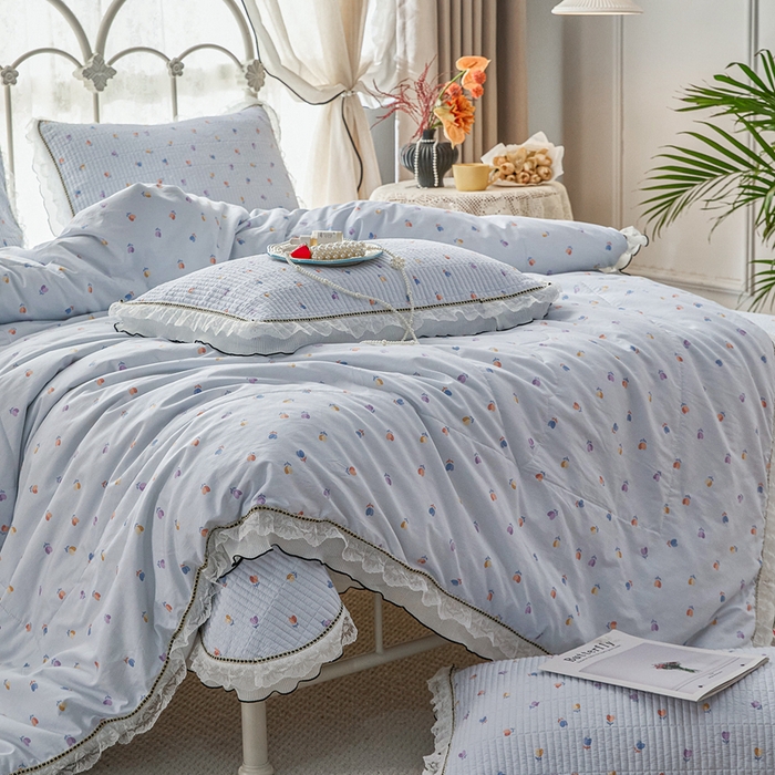 源舜家纺 2026新款全棉斜纹花边床盖多功能被子四件套 渲染小花-兰
