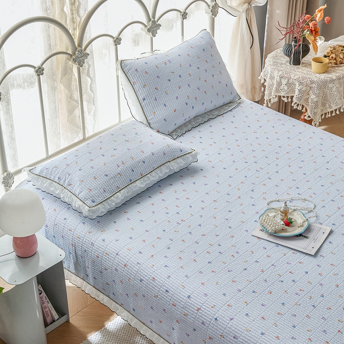 91家纺网 家纺一手货源 找家纺 源舜家纺 2026新款全棉斜纹花边床盖多功能被子四件套 渲染小花-兰