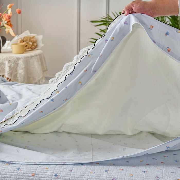 91家纺网 家纺一手货源 找家纺 源舜家纺 2026新款全棉斜纹花边床盖多功能被子四件套 渲染小花-兰