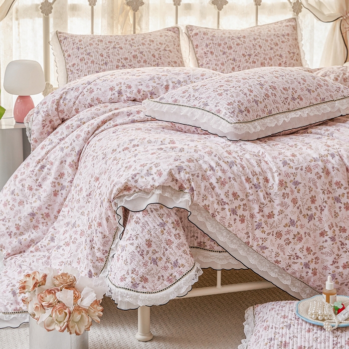 91家纺网 家纺一手货源 找家纺 源舜家纺 2026新款全棉斜纹花边床盖多功能被子四件套 文艺风范-粉