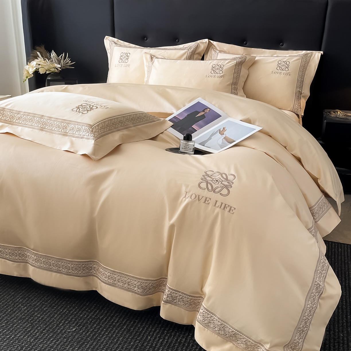 91家纺网 家纺一手货源 找家纺 置顶家纺 2025新款刺绣亲肤磨毛四件套-兰迪系列 兰迪-奶咖色