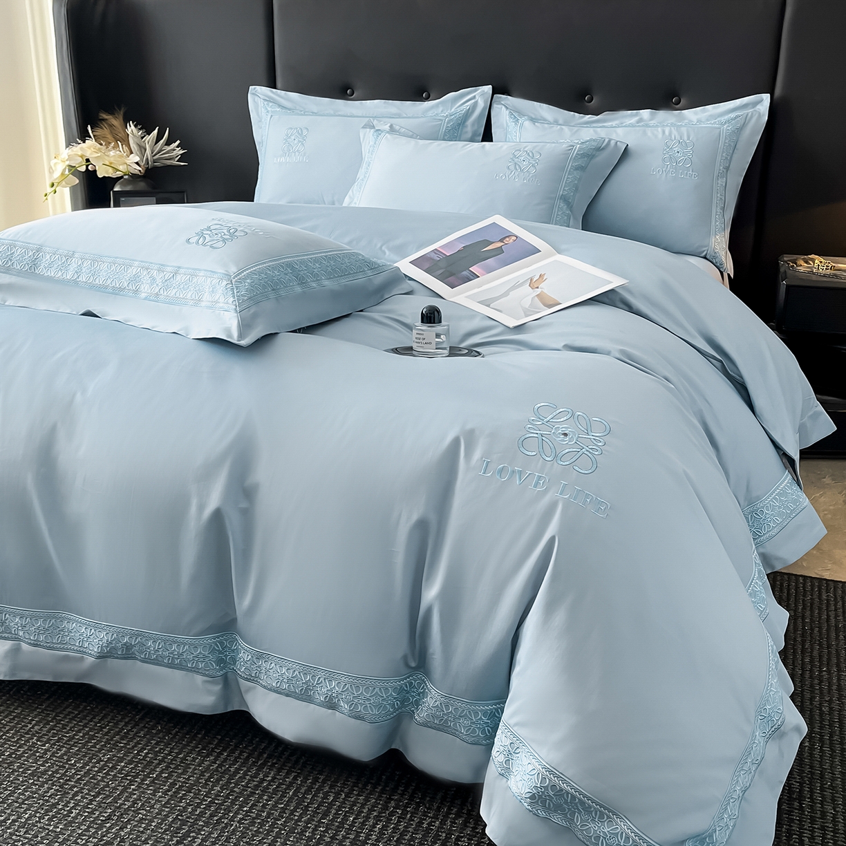 91家纺网 家纺一手货源 找家纺 置顶家纺 2025新款刺绣亲肤磨毛四件套-兰迪系列 兰迪-浅天蓝