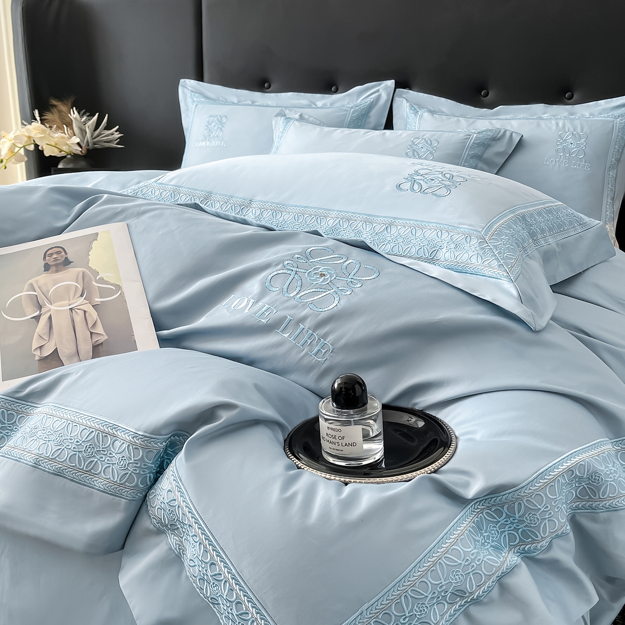 91家纺网 家纺一手货源 找家纺 置顶家纺 2025新款刺绣亲肤磨毛四件套-兰迪系列 兰迪-浅天蓝