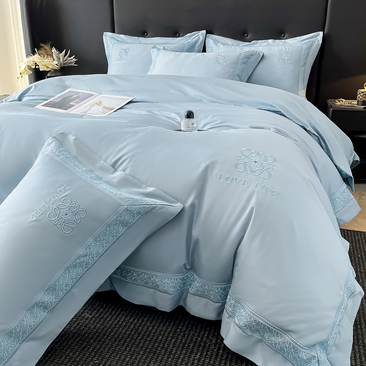 91家纺网 家纺一手货源 找家纺 置顶家纺 2025新款刺绣亲肤磨毛四件套-兰迪系列 兰迪-浅天蓝