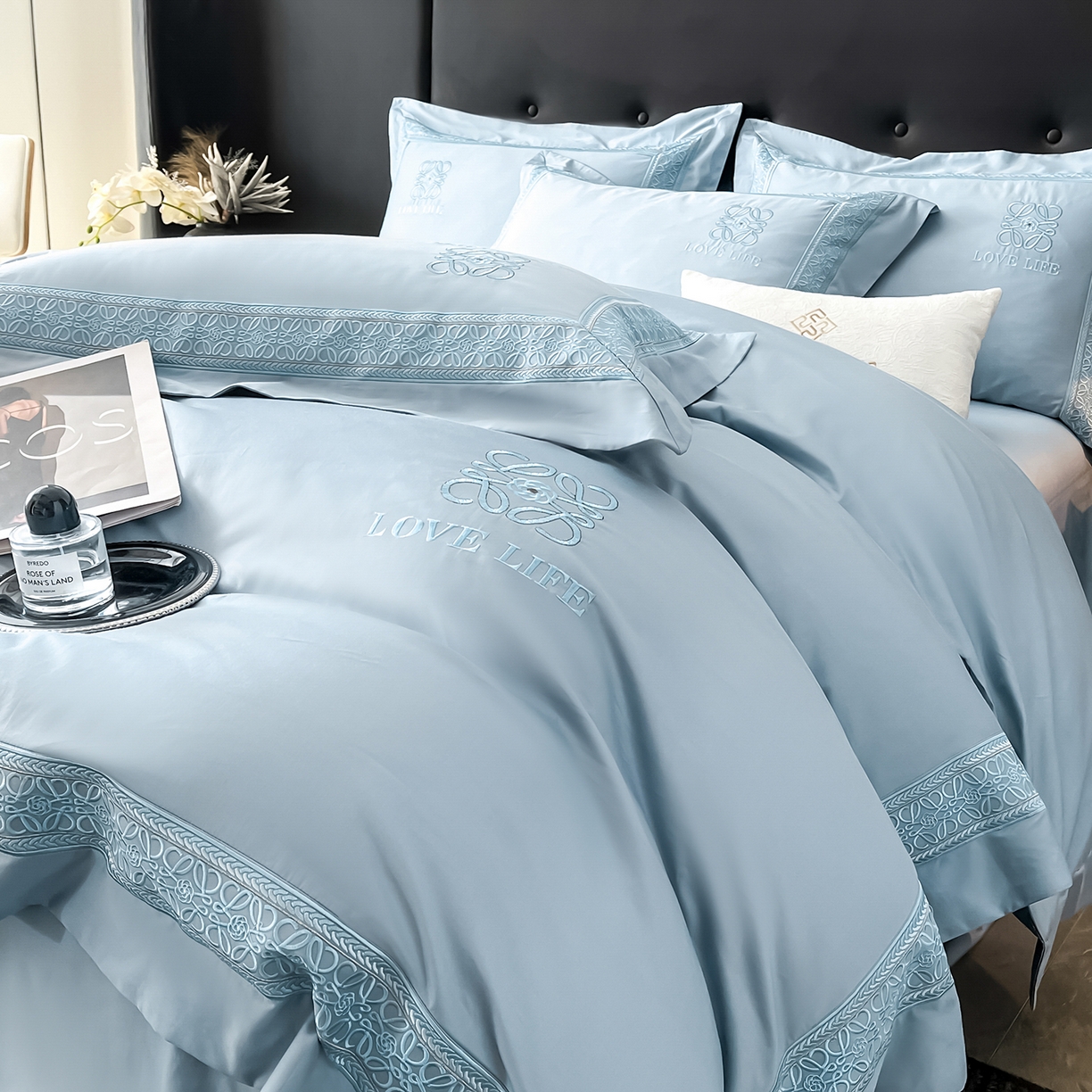 91家纺网 家纺一手货源 找家纺 置顶家纺 2025新款刺绣亲肤磨毛四件套-兰迪系列 兰迪-浅天蓝