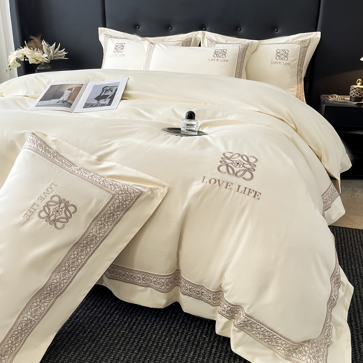 91家纺网 家纺一手货源 找家纺 置顶家纺 2025新款刺绣亲肤磨毛四件套-兰迪系列 兰迪-奶昔白