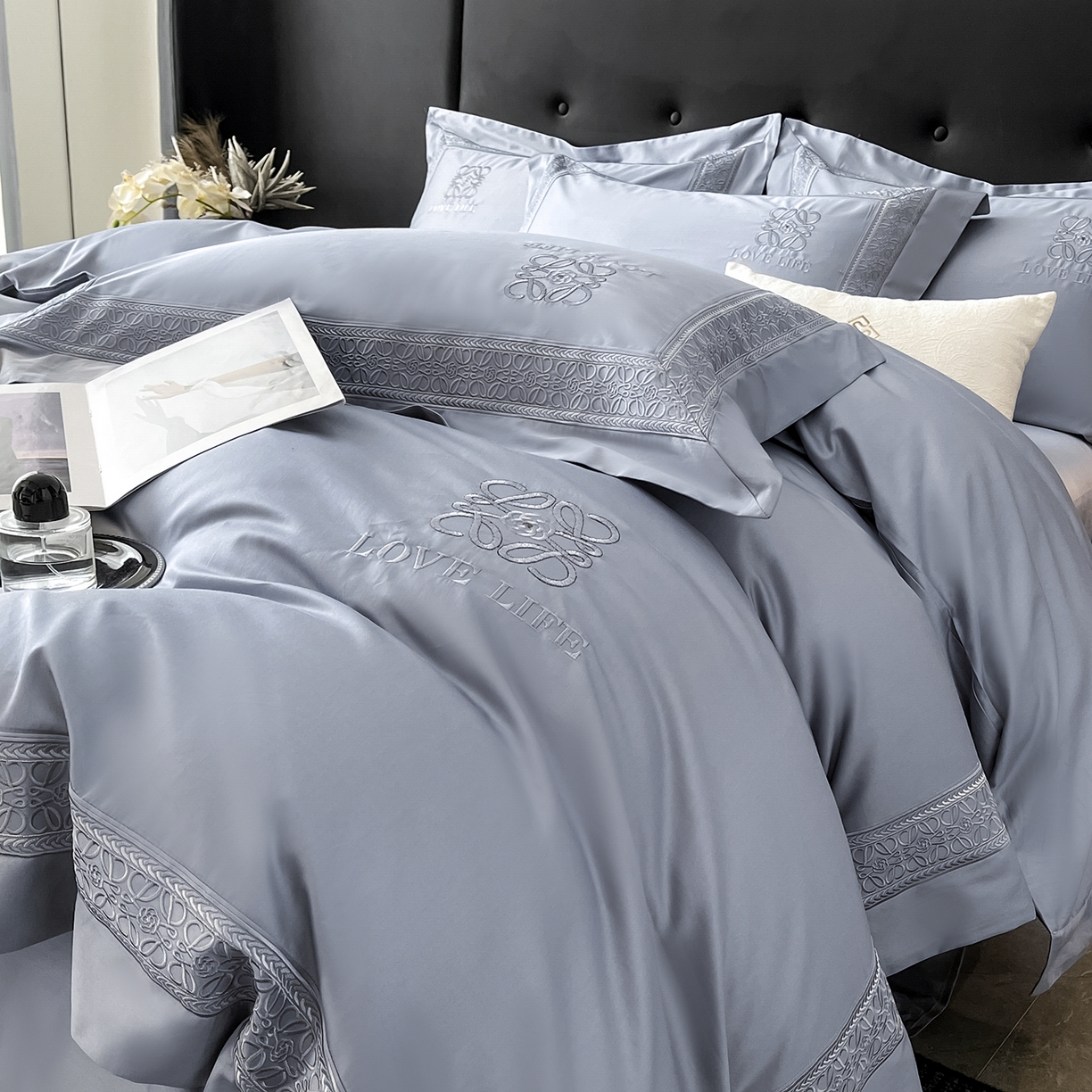 91家纺网 家纺一手货源 找家纺 置顶家纺 2025新款刺绣亲肤磨毛四件套-兰迪系列 兰迪-玛瑙灰