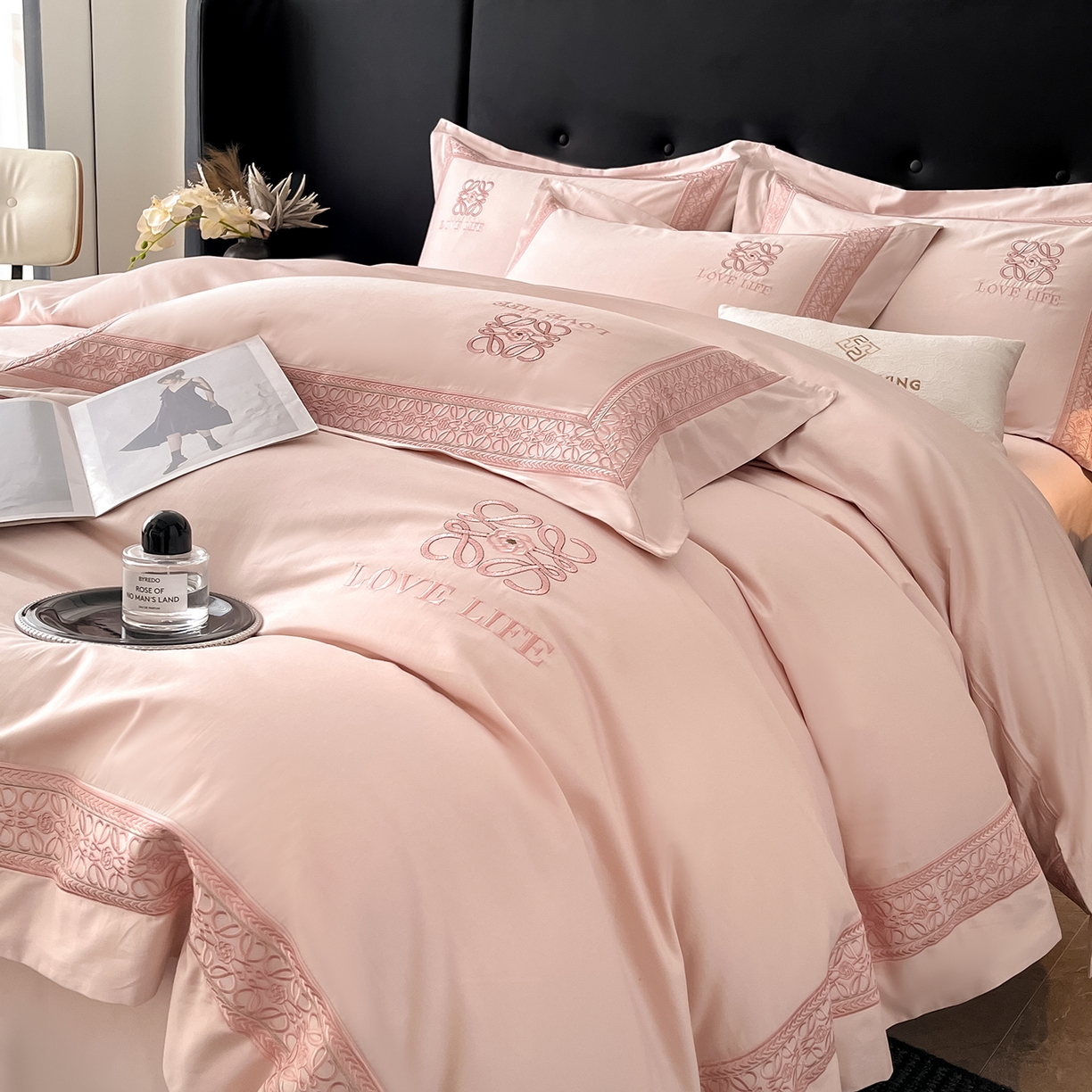 91家纺网 家纺一手货源 找家纺 置顶家纺 2025新款刺绣亲肤磨毛四件套-兰迪系列 兰迪-粉玉