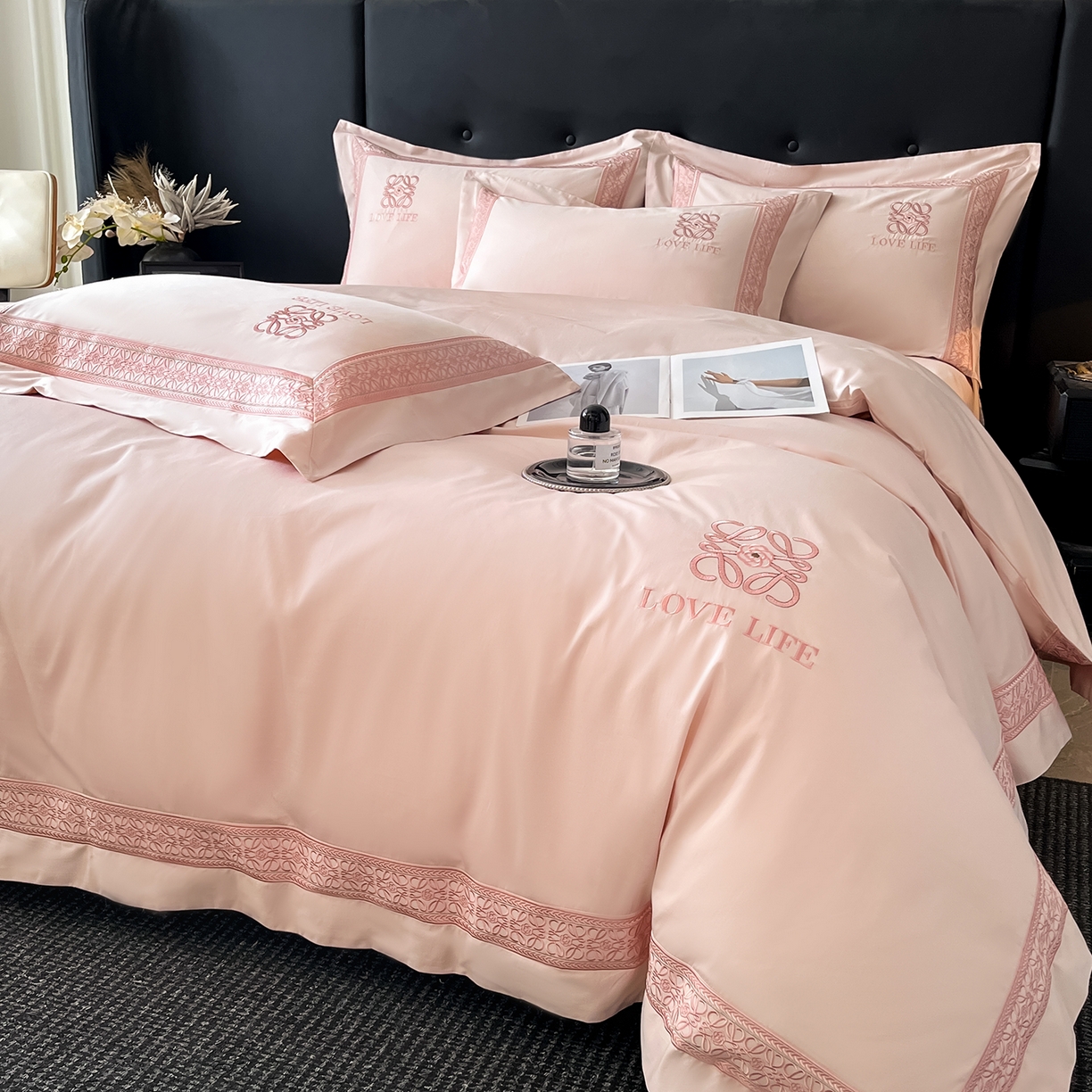 91家纺网 家纺一手货源 找家纺 置顶家纺 2025新款刺绣亲肤磨毛四件套-兰迪系列 兰迪-粉玉