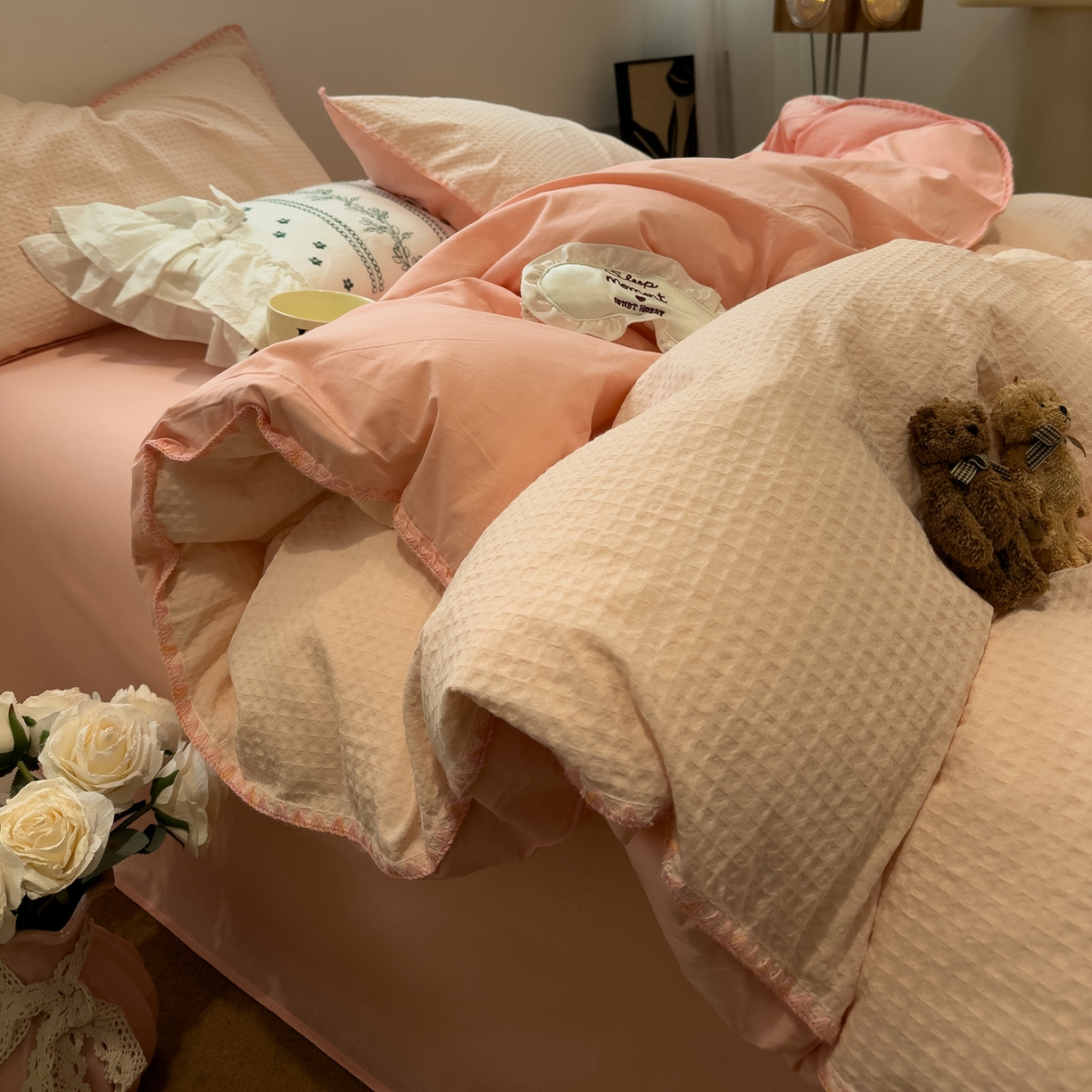 雅居纺家纺 2026新款全棉贝壳边华夫格四件套 贝壳边粉色