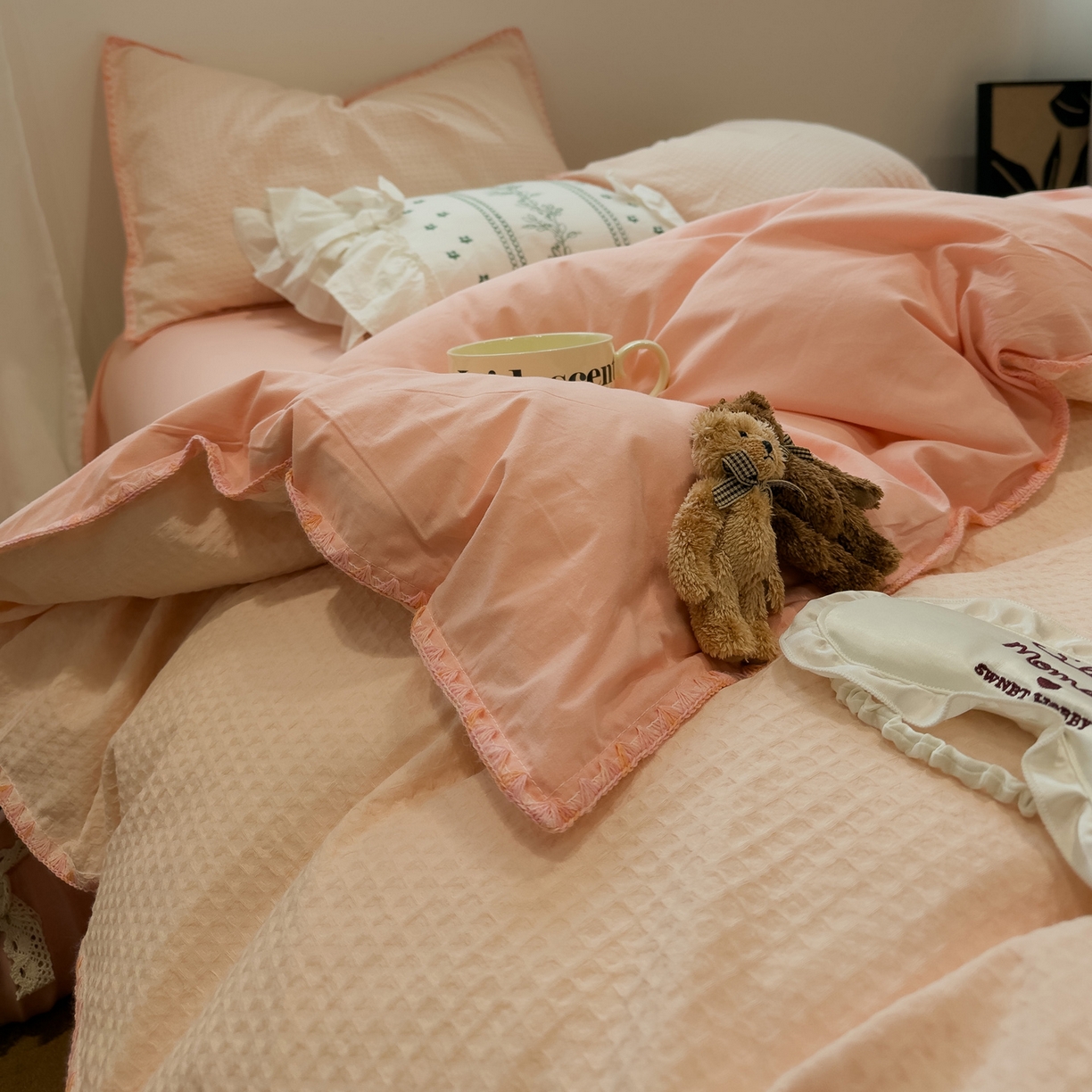 91家纺网 家纺一手货源 找家纺 雅居纺家纺 2026新款全棉贝壳边华夫格四件套 贝壳边粉色