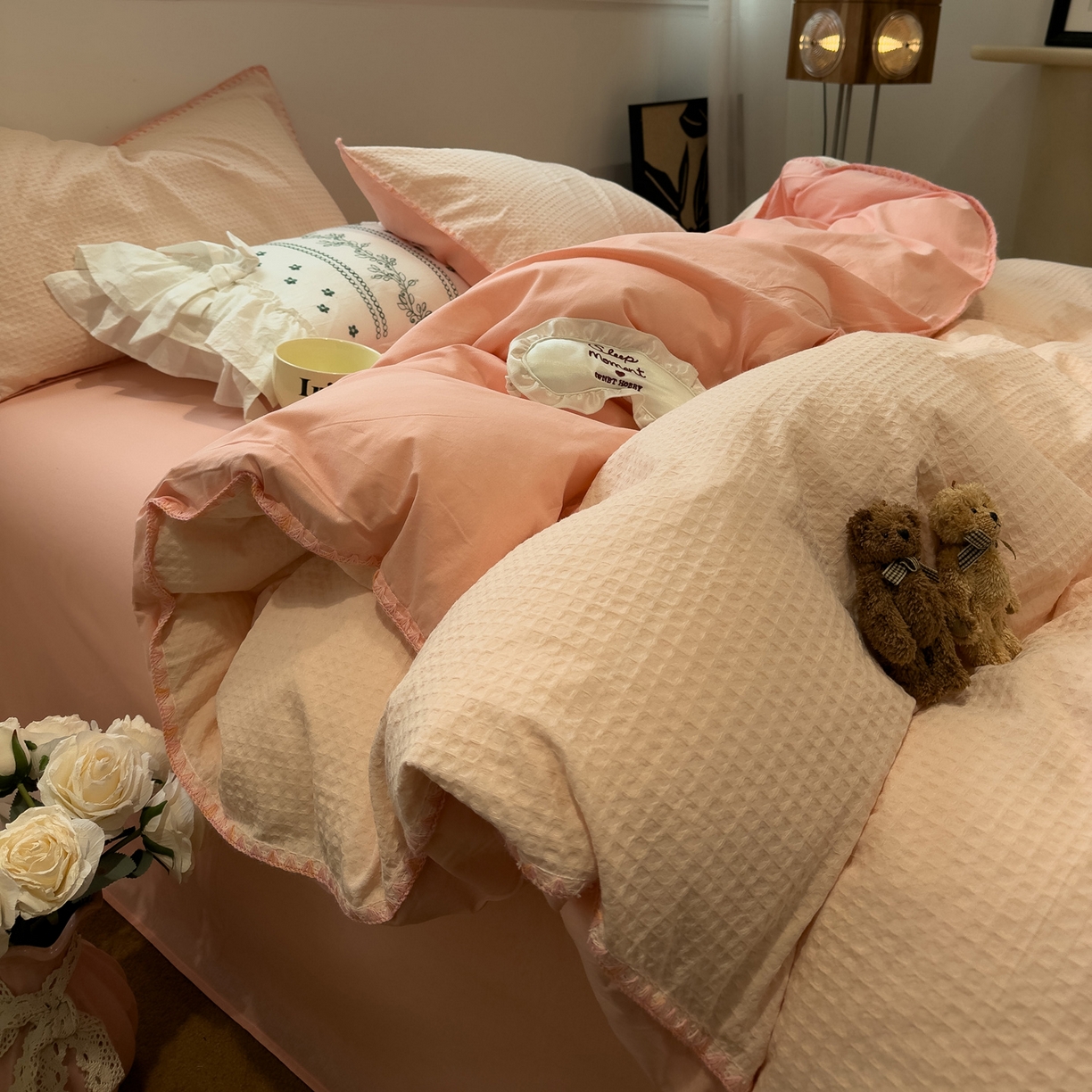 91家纺网 家纺一手货源 找家纺 雅居纺家纺 2026新款全棉贝壳边华夫格四件套 贝壳边粉色