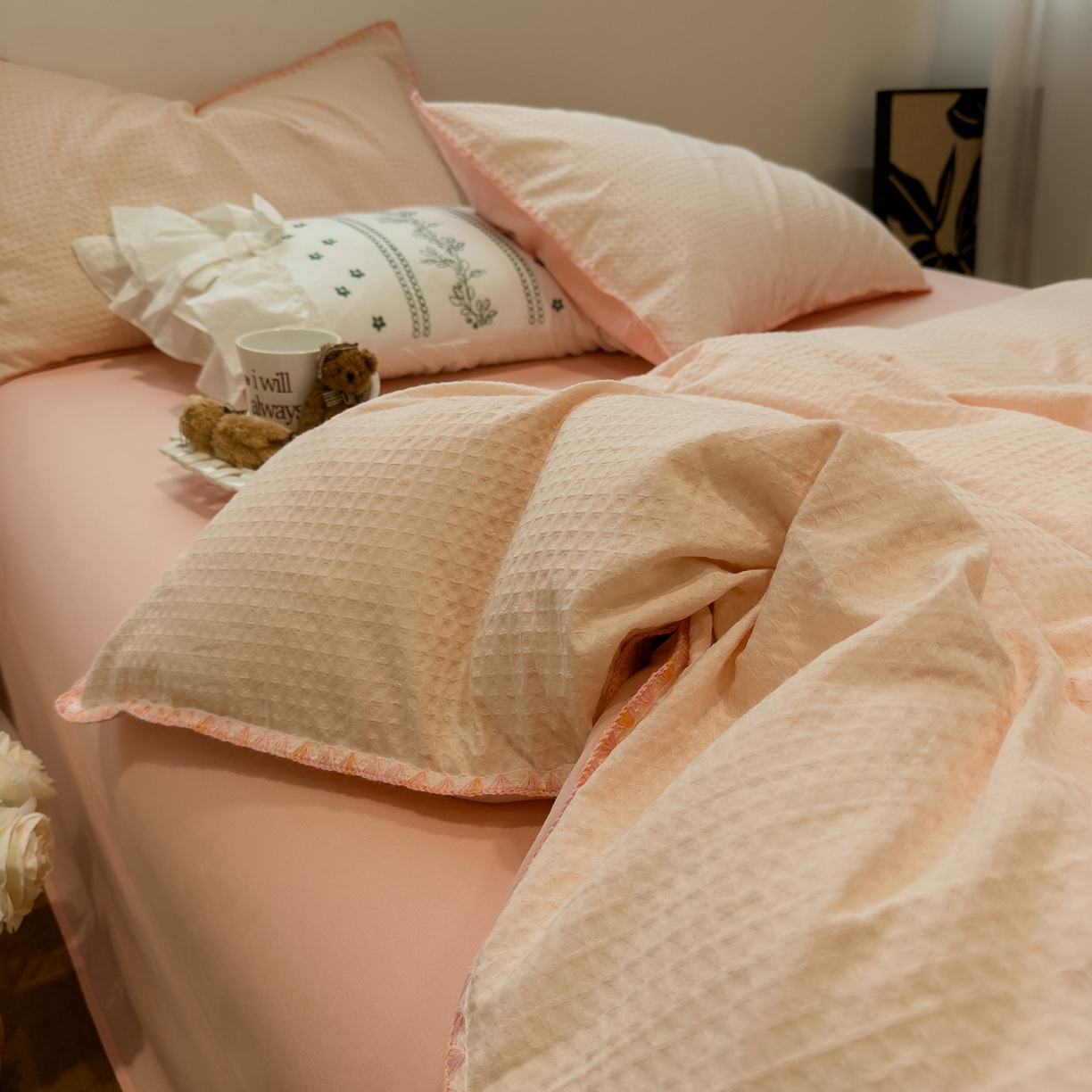 91家纺网 家纺一手货源 找家纺 雅居纺家纺 2026新款全棉贝壳边华夫格四件套 贝壳边粉色