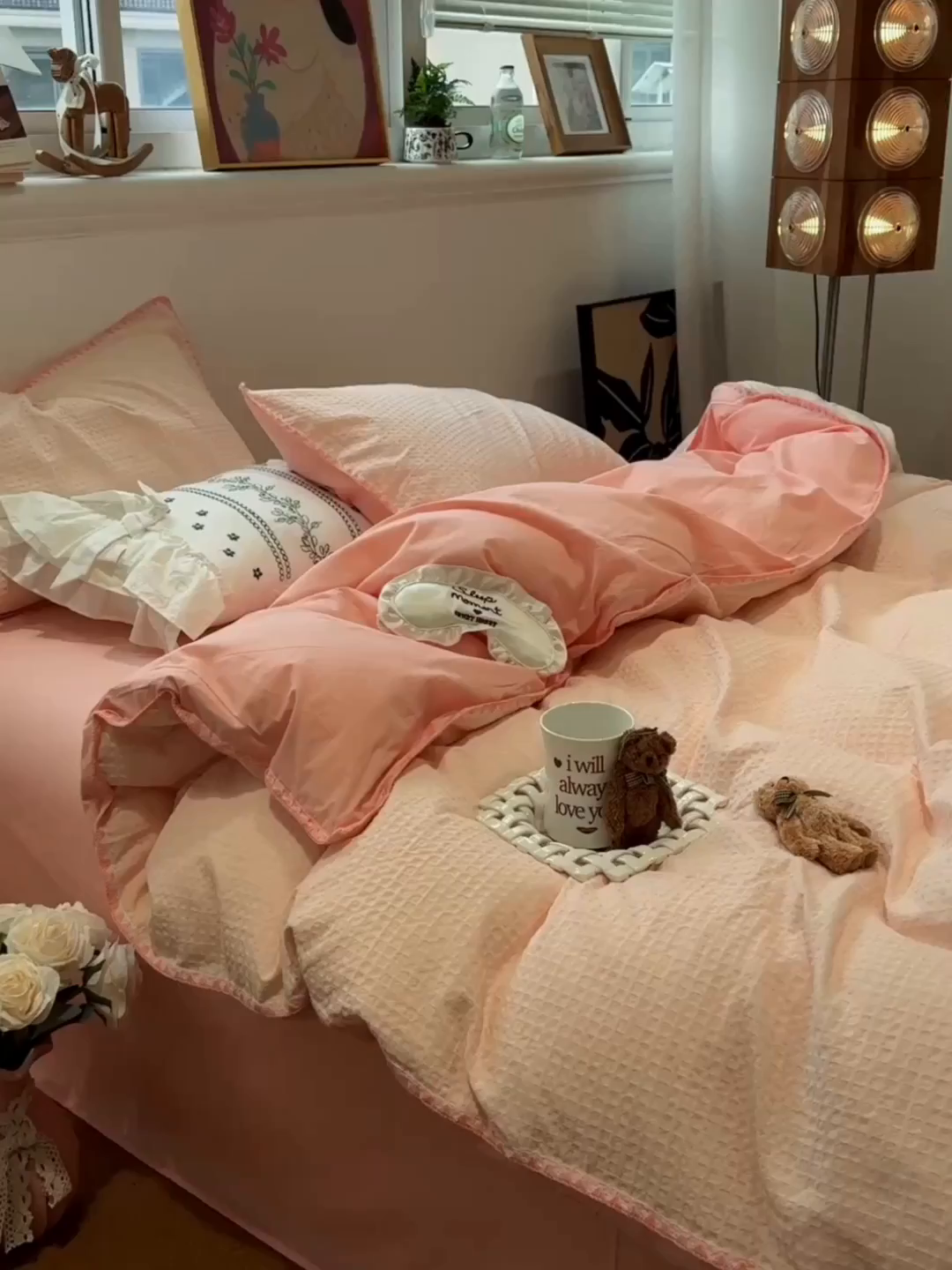 91家纺网 家纺一手货源 找家纺 雅居纺家纺 2026新款全棉贝壳边华夫格四件套 贝壳边粉色