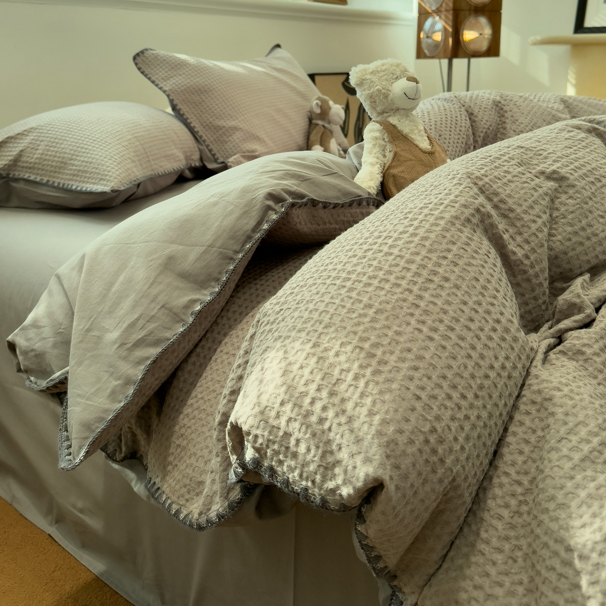 91家纺网 家纺一手货源 找家纺 雅居纺家纺 2026新款全棉贝壳边华夫格四件套 贝壳边灰色