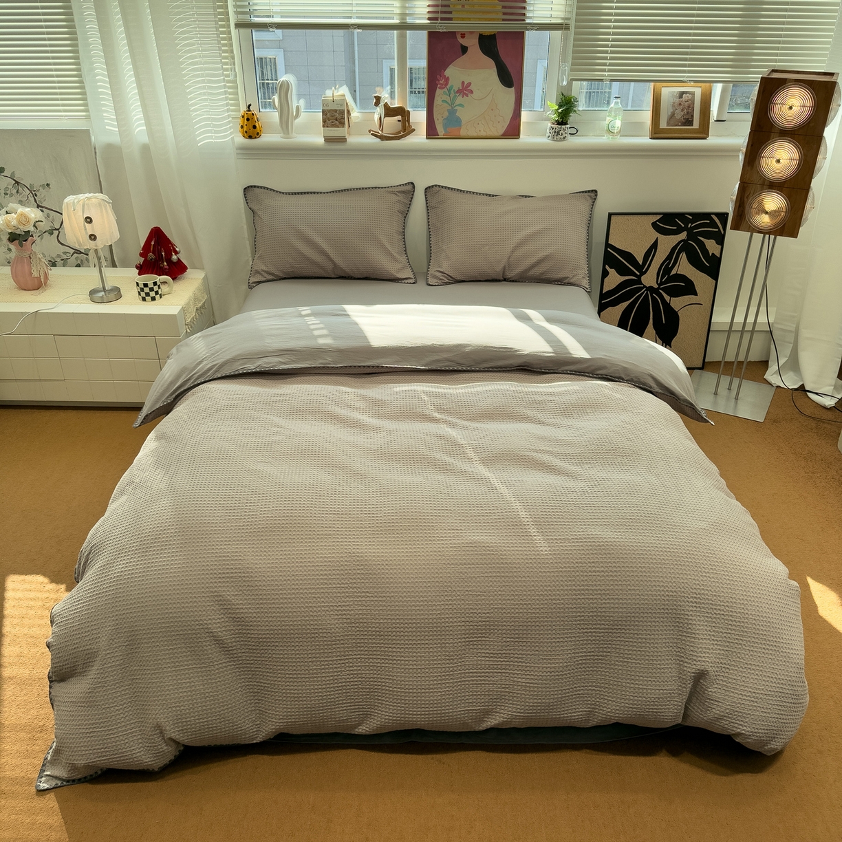 91家纺网 家纺一手货源 找家纺 雅居纺家纺 2026新款全棉贝壳边华夫格四件套 贝壳边灰色