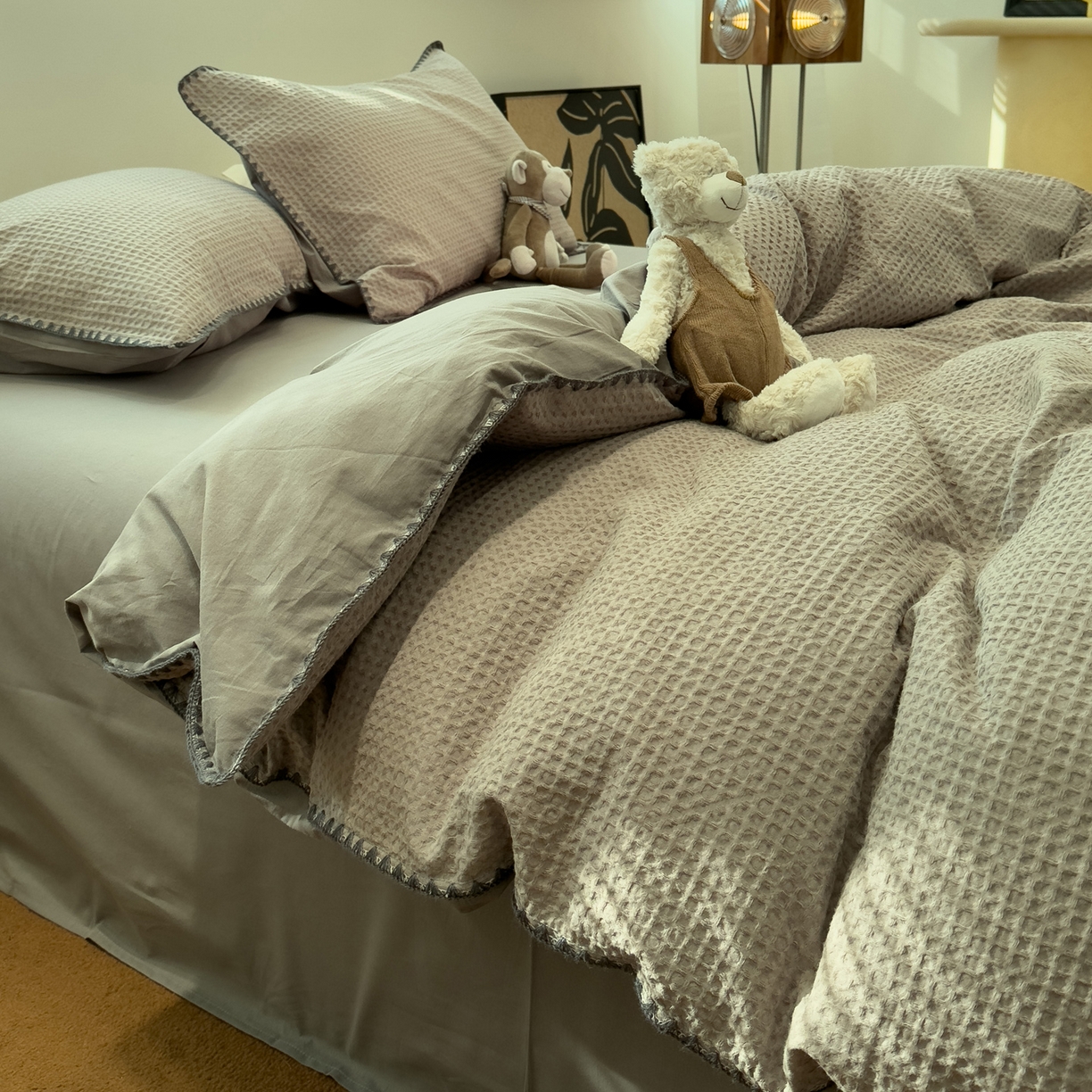 91家纺网 家纺一手货源 找家纺 雅居纺家纺 2026新款全棉贝壳边华夫格四件套 贝壳边灰色