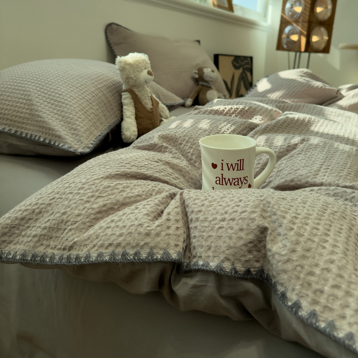 91家纺网 家纺一手货源 找家纺 雅居纺家纺 2026新款全棉贝壳边华夫格四件套 贝壳边灰色