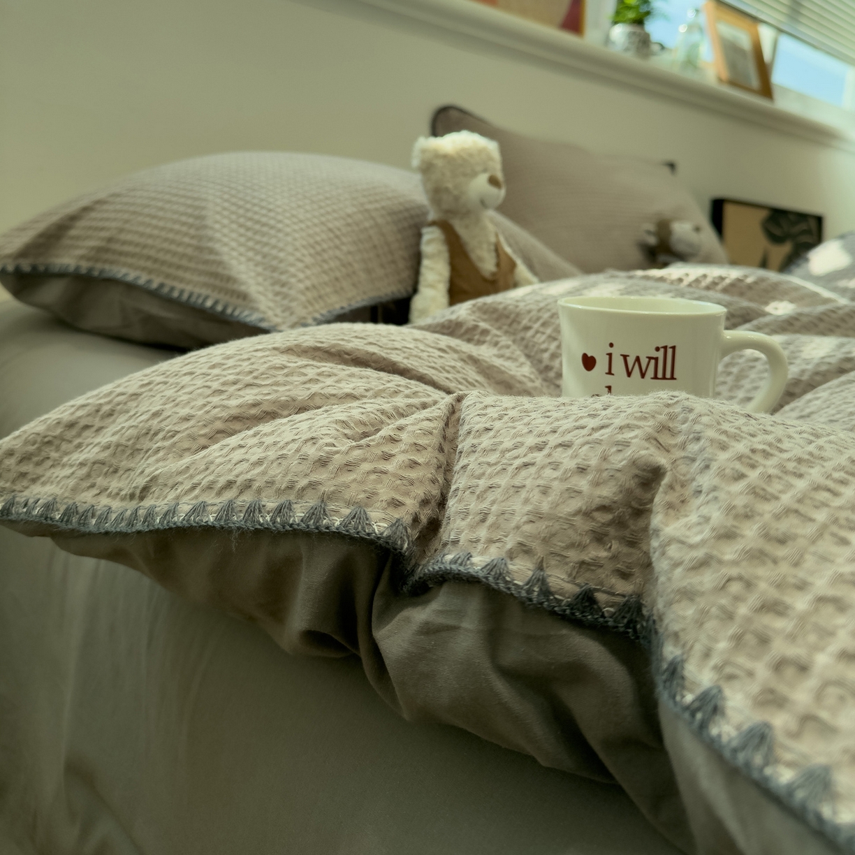 91家纺网 家纺一手货源 找家纺 雅居纺家纺 2026新款全棉贝壳边华夫格四件套 贝壳边灰色