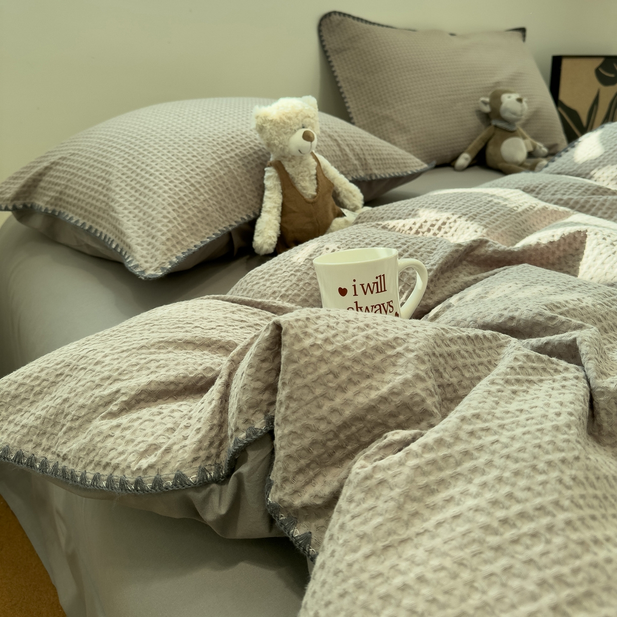 91家纺网 家纺一手货源 找家纺 雅居纺家纺 2026新款全棉贝壳边华夫格四件套 贝壳边灰色