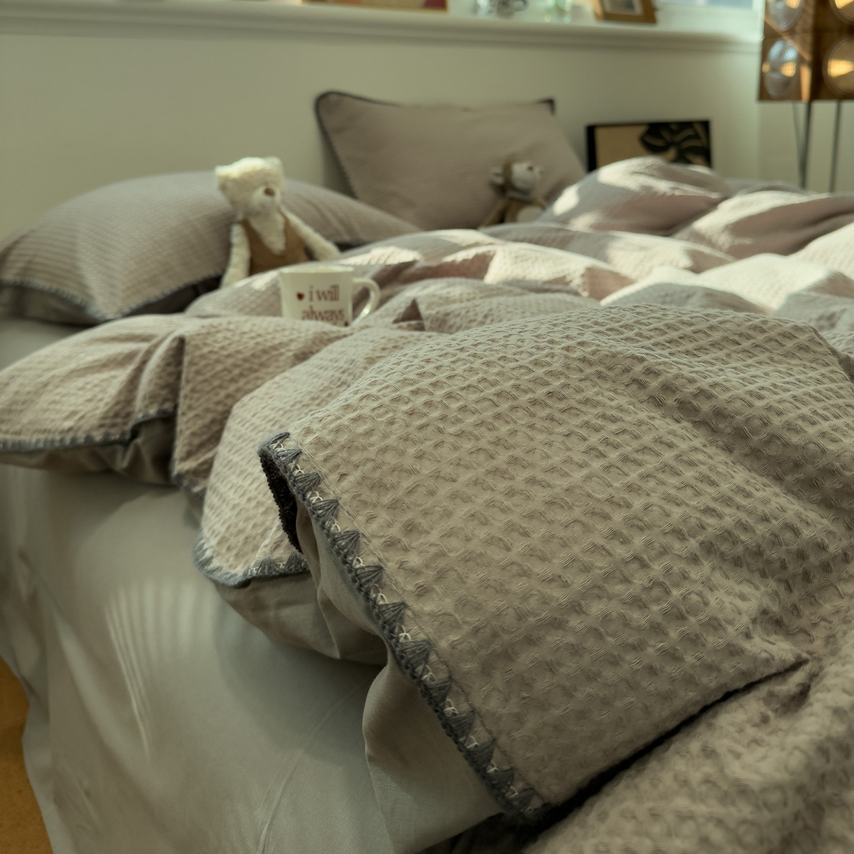 91家纺网 家纺一手货源 找家纺 雅居纺家纺 2026新款全棉贝壳边华夫格四件套 贝壳边灰色