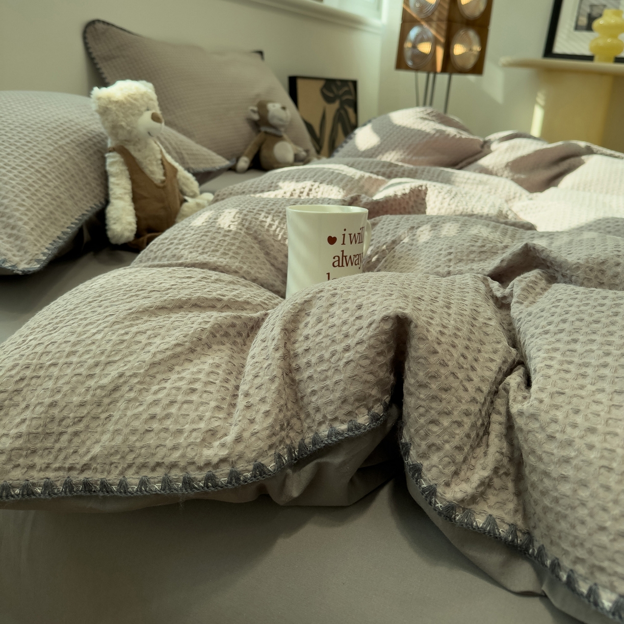 91家纺网 家纺一手货源 找家纺 雅居纺家纺 2026新款全棉贝壳边华夫格四件套 贝壳边灰色