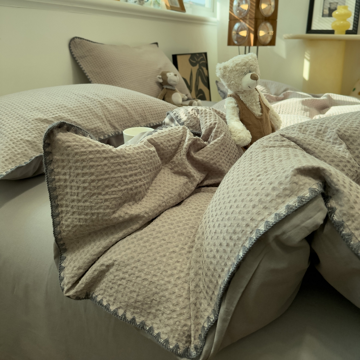 91家纺网 家纺一手货源 找家纺 雅居纺家纺 2026新款全棉贝壳边华夫格四件套 贝壳边灰色