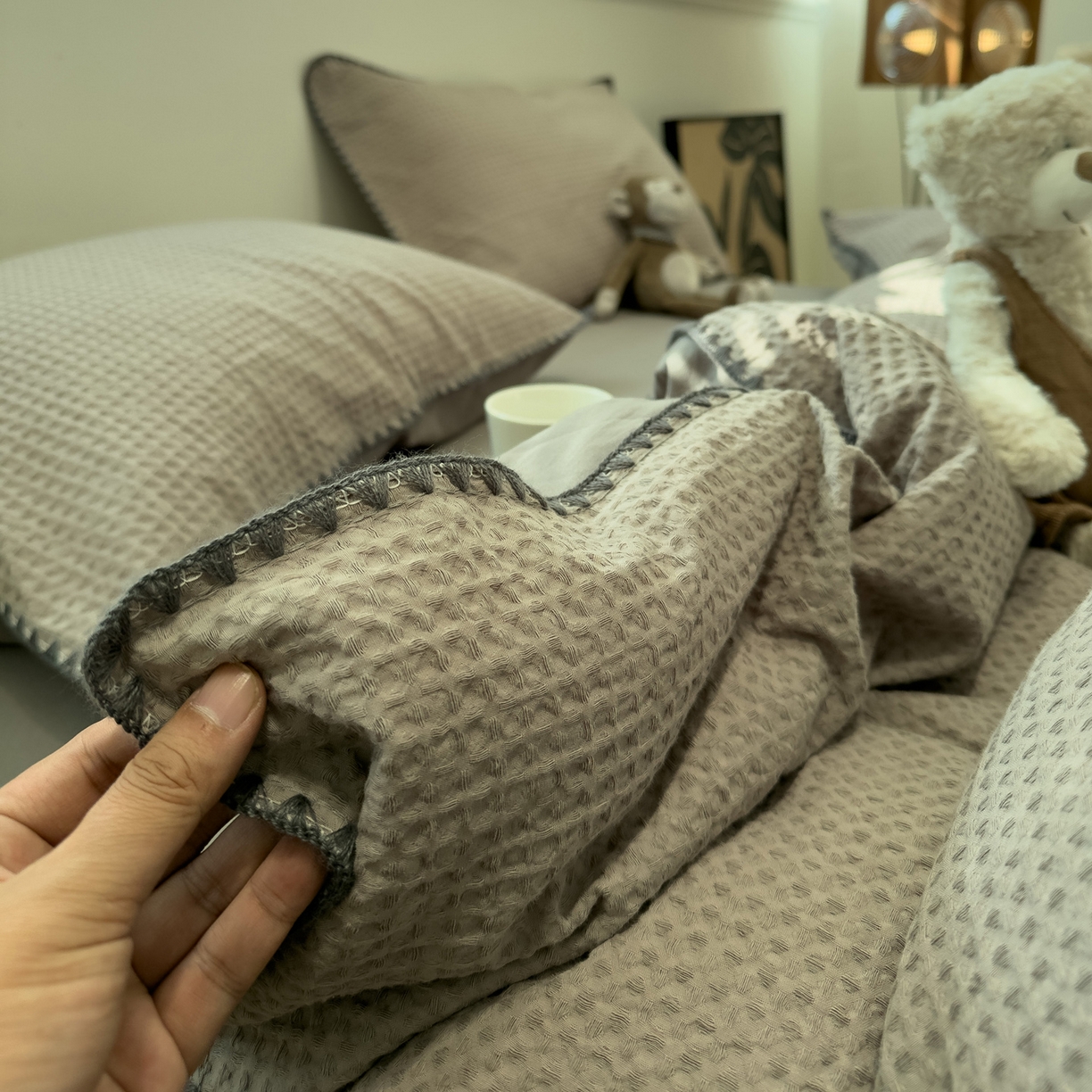 91家纺网 家纺一手货源 找家纺 雅居纺家纺 2026新款全棉贝壳边华夫格四件套 贝壳边灰色