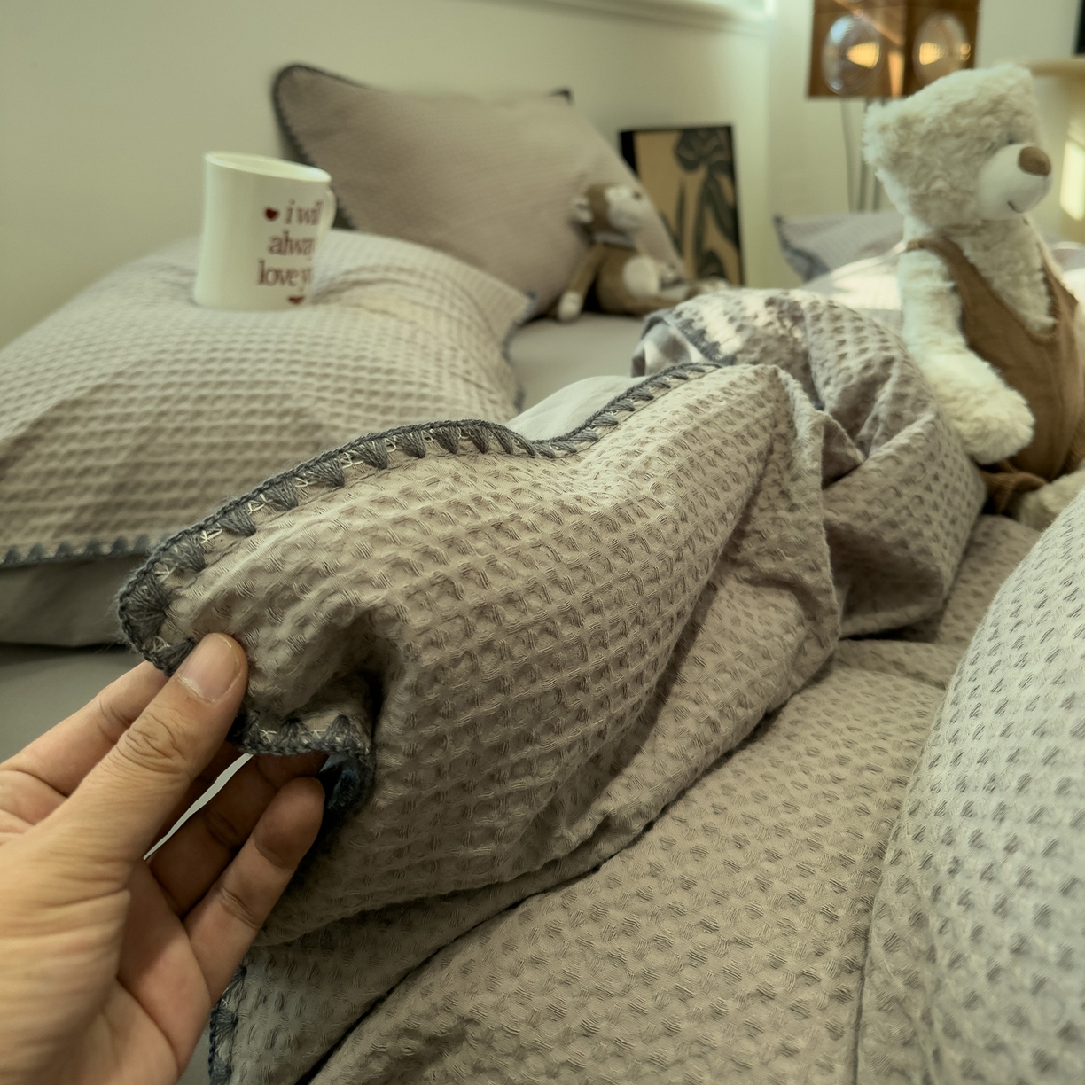 91家纺网 家纺一手货源 找家纺 雅居纺家纺 2026新款全棉贝壳边华夫格四件套 贝壳边灰色