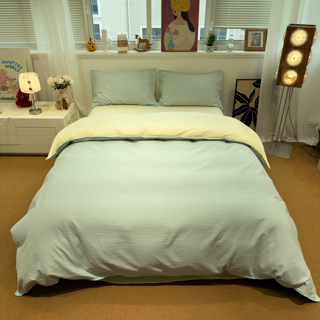 91家纺网 家纺一手货源 找家纺 雅居纺家纺 2026新款全棉贝壳边华夫格四件套 贝壳边蓝黄