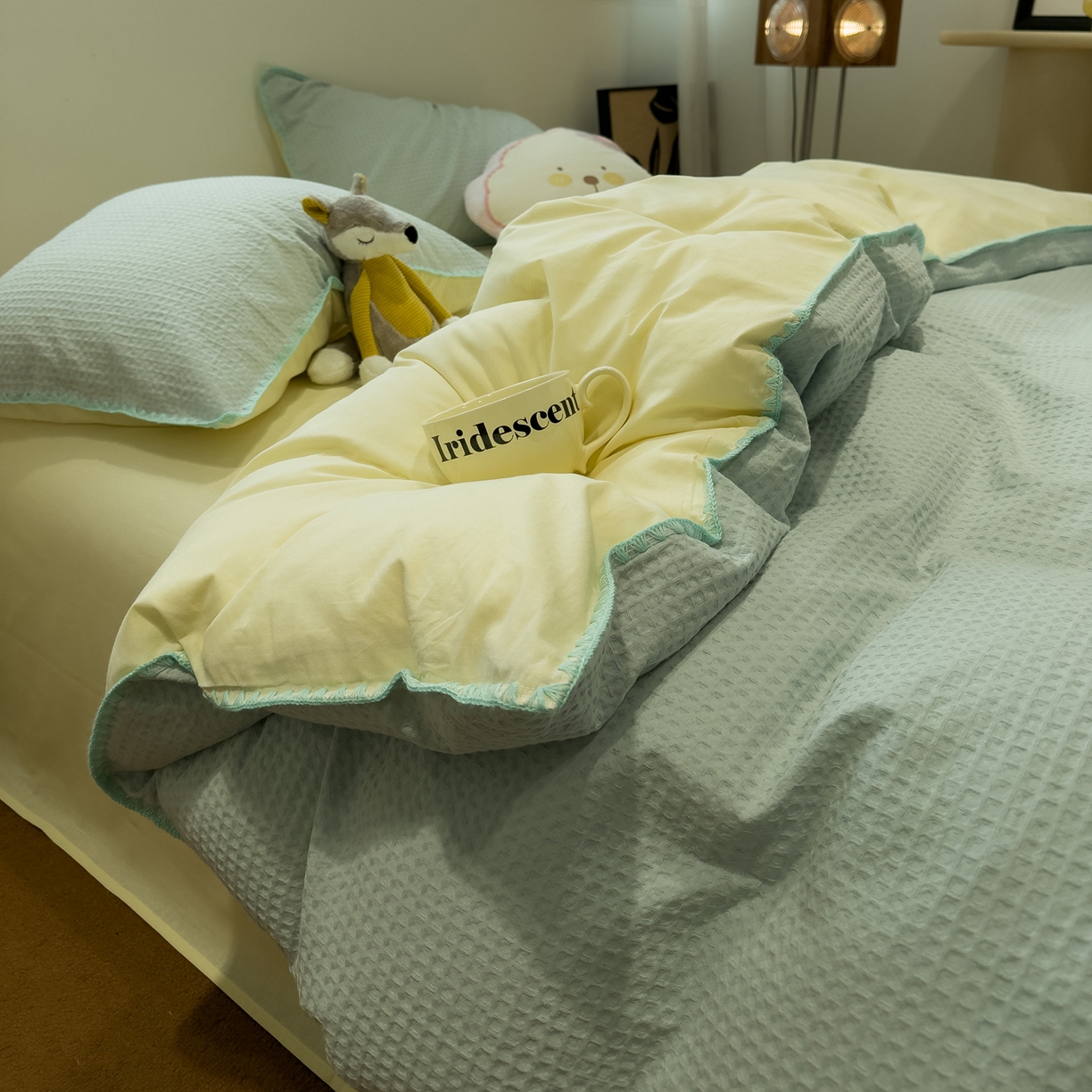 91家纺网 家纺一手货源 找家纺 雅居纺家纺 2026新款全棉贝壳边华夫格四件套 贝壳边蓝黄