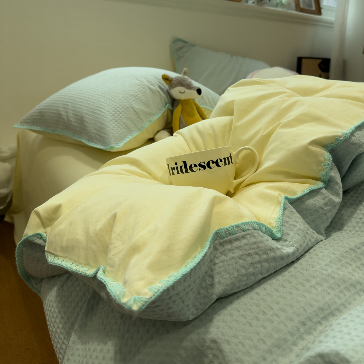 91家纺网 家纺一手货源 找家纺 雅居纺家纺 2026新款全棉贝壳边华夫格四件套 贝壳边蓝黄