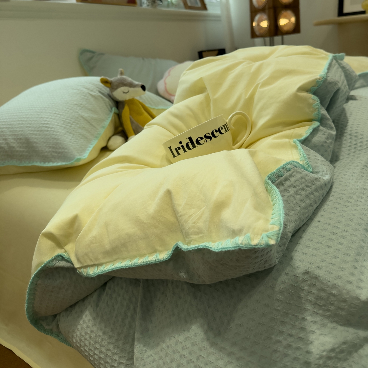 91家纺网 家纺一手货源 找家纺 雅居纺家纺 2026新款全棉贝壳边华夫格四件套 贝壳边蓝黄