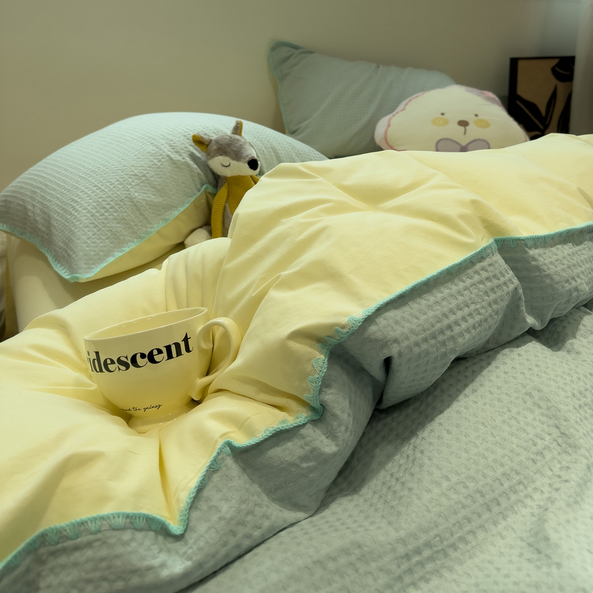 91家纺网 家纺一手货源 找家纺 雅居纺家纺 2026新款全棉贝壳边华夫格四件套 贝壳边蓝黄