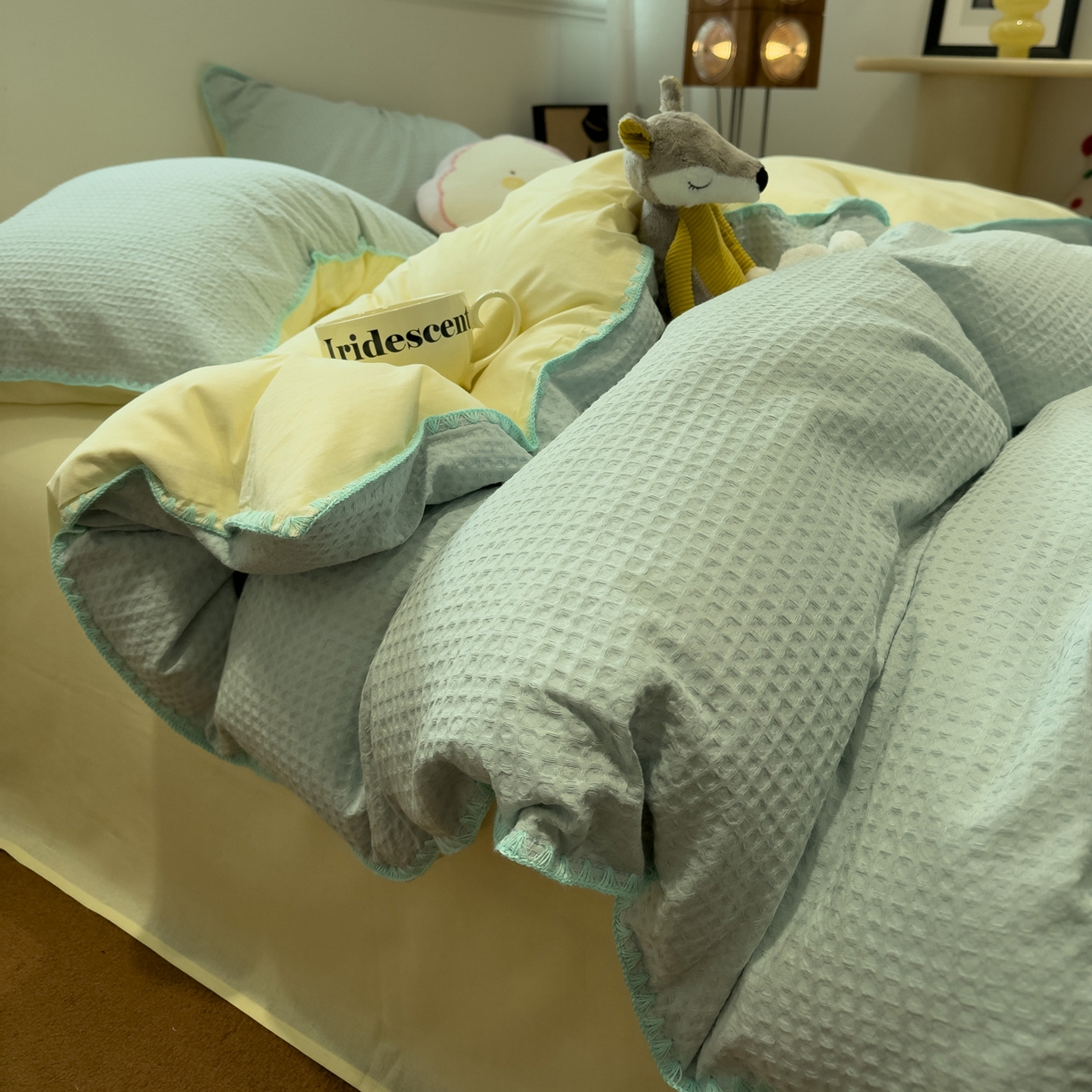 91家纺网 家纺一手货源 找家纺 雅居纺家纺 2026新款全棉贝壳边华夫格四件套 贝壳边蓝黄