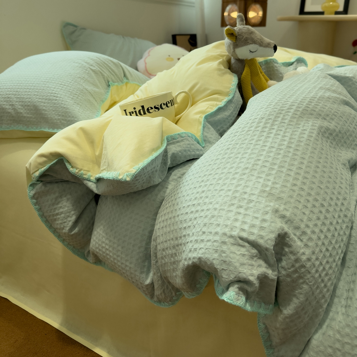 91家纺网 家纺一手货源 找家纺 雅居纺家纺 2026新款全棉贝壳边华夫格四件套 贝壳边蓝黄