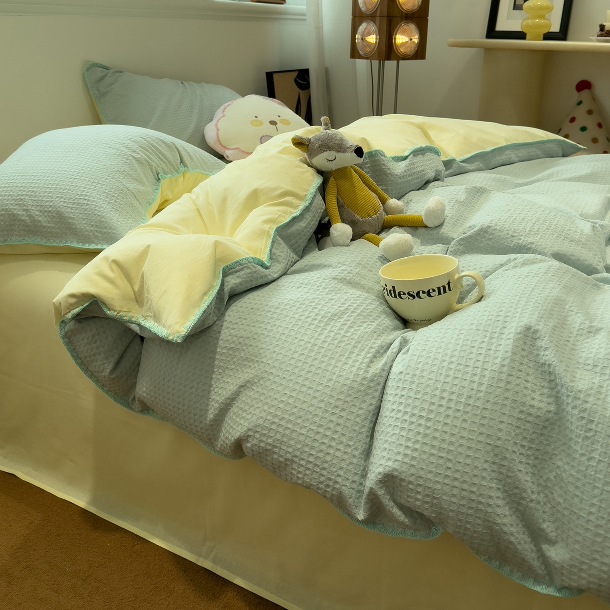 91家纺网 家纺一手货源 找家纺 雅居纺家纺 2026新款全棉贝壳边华夫格四件套 贝壳边蓝黄