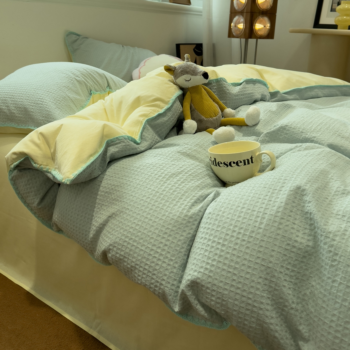 91家纺网 家纺一手货源 找家纺 雅居纺家纺 2026新款全棉贝壳边华夫格四件套 贝壳边蓝黄