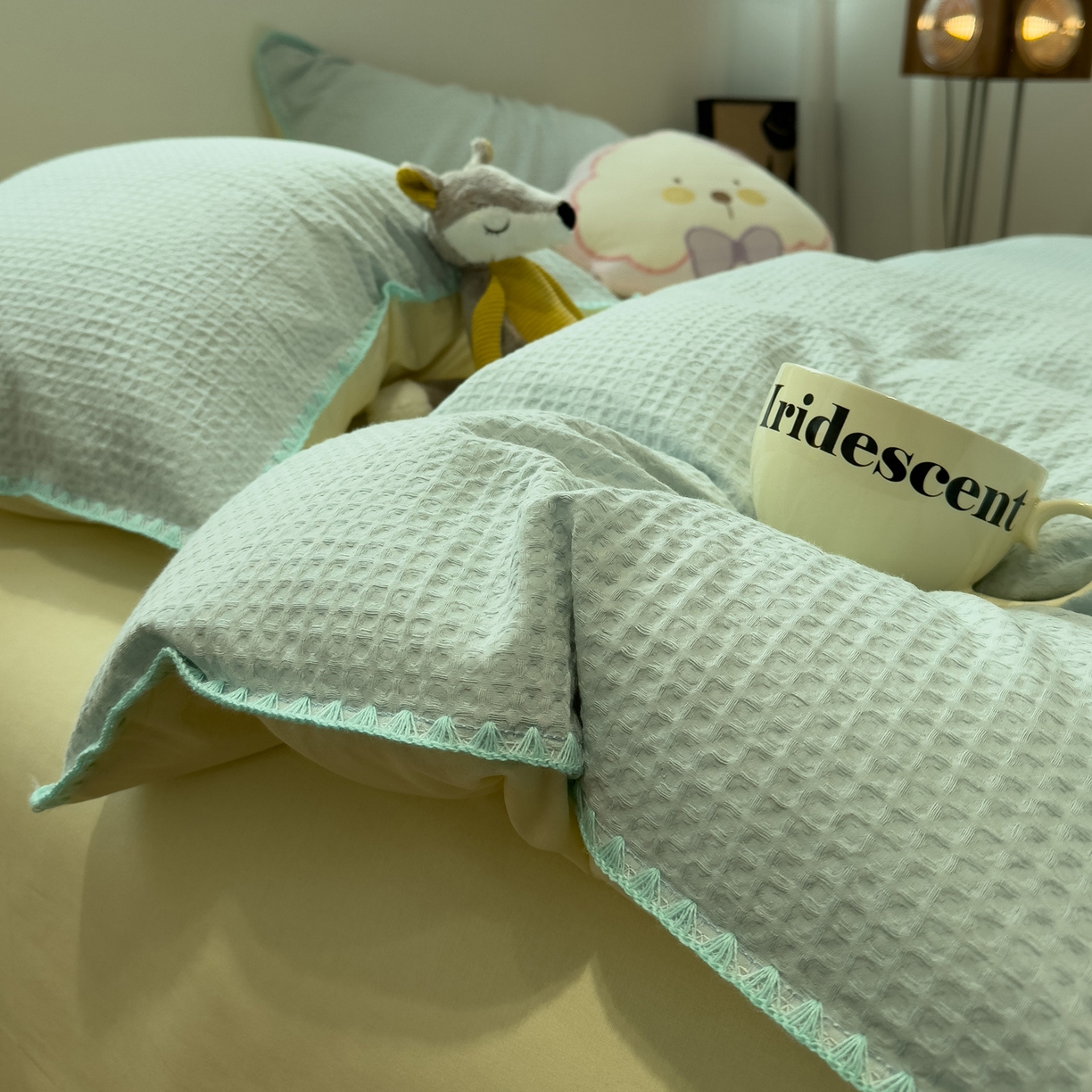 91家纺网 家纺一手货源 找家纺 雅居纺家纺 2026新款全棉贝壳边华夫格四件套 贝壳边蓝黄