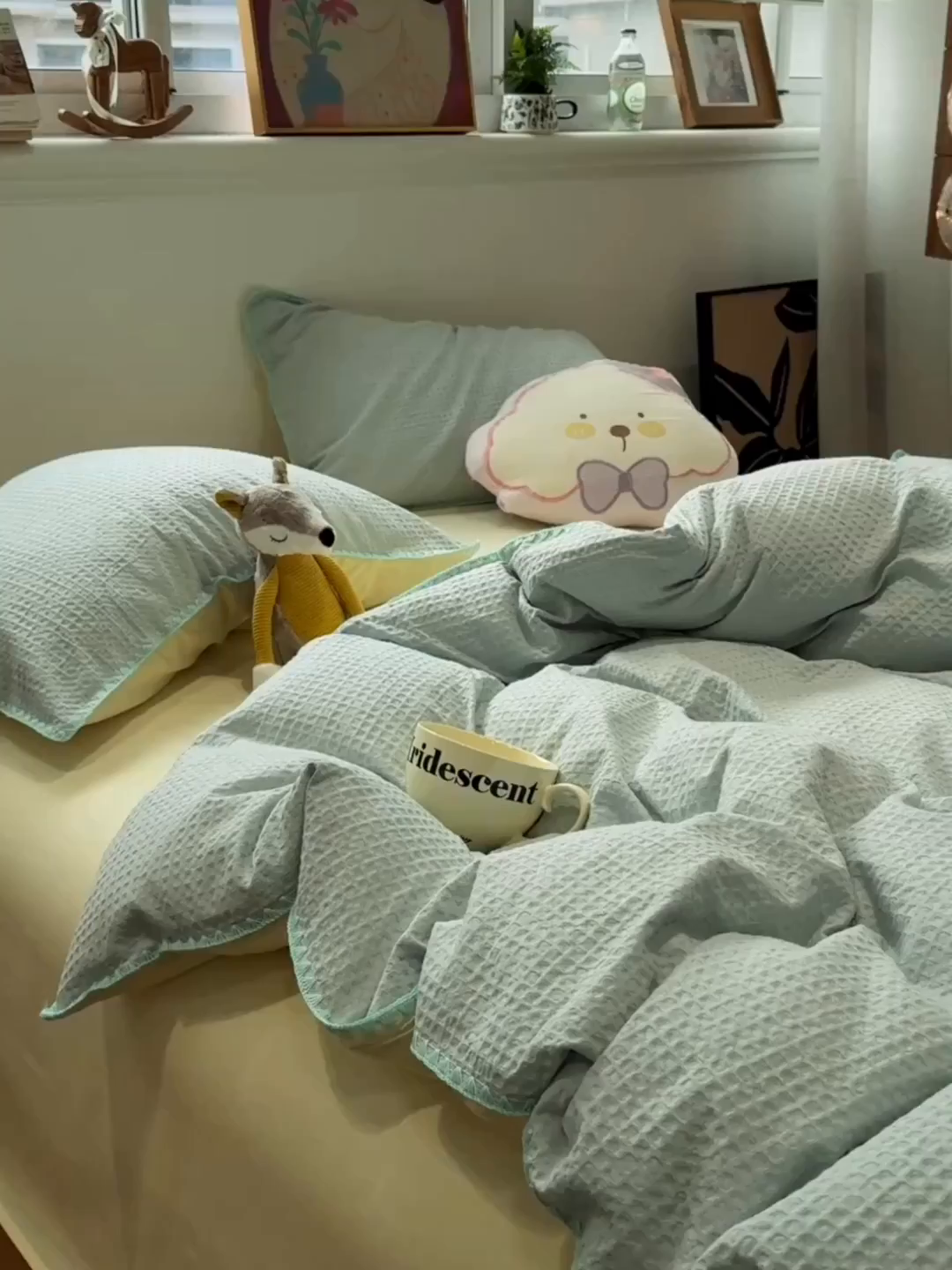 91家纺网 家纺一手货源 找家纺 雅居纺家纺 2026新款全棉贝壳边华夫格四件套 贝壳边蓝黄