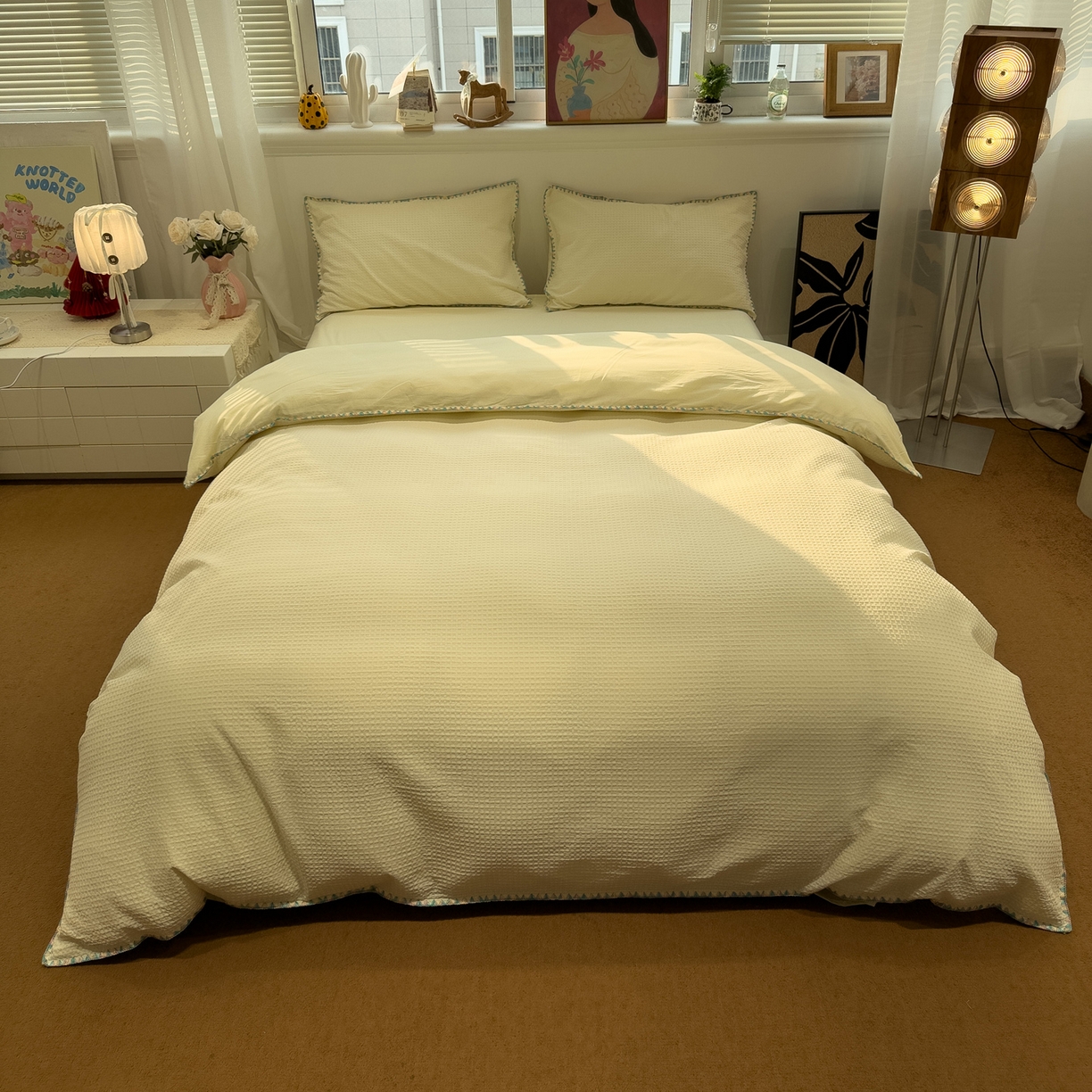 91家纺网 家纺一手货源 找家纺 雅居纺家纺 2026新款全棉贝壳边华夫格四件套 贝壳边米黄