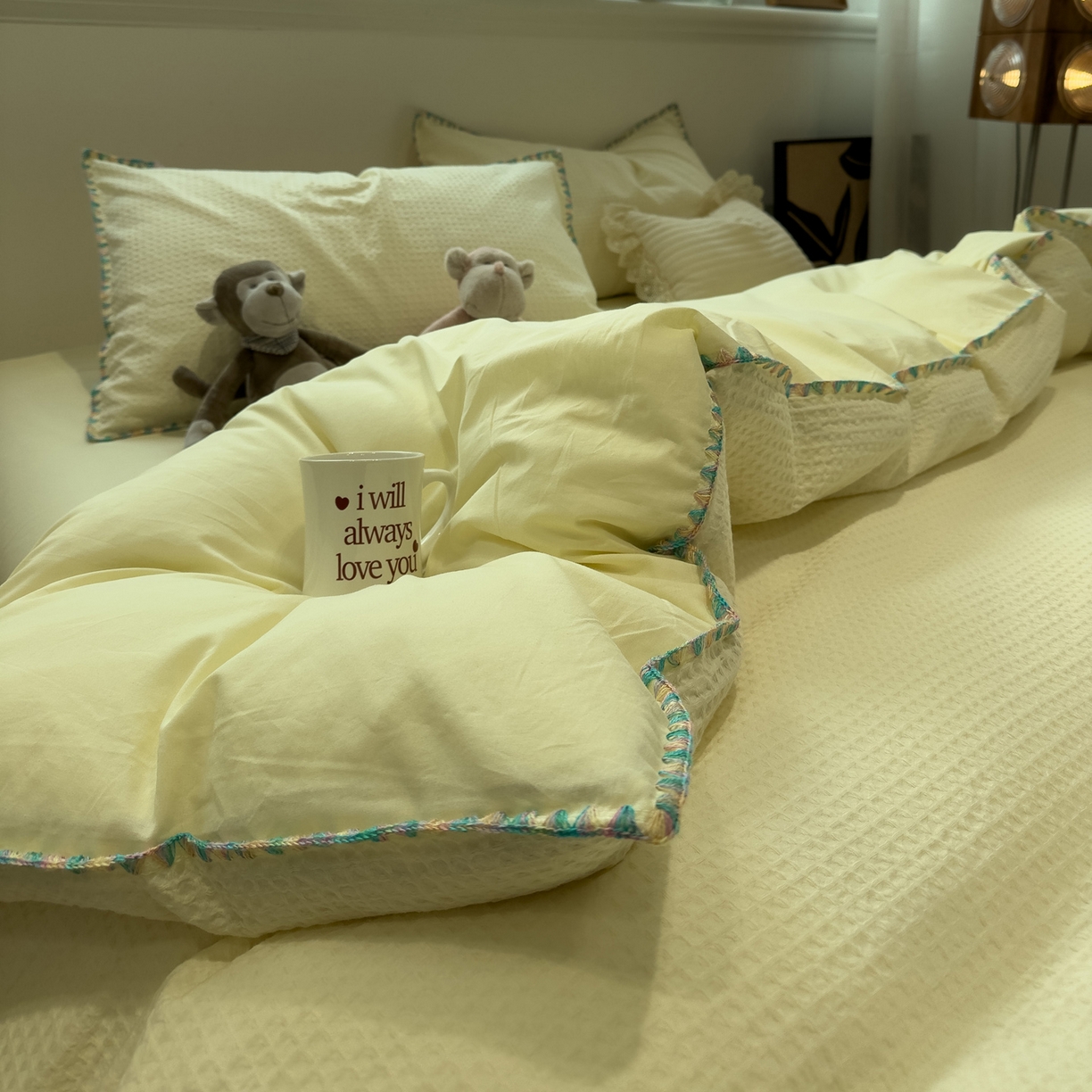 91家纺网 家纺一手货源 找家纺 雅居纺家纺 2026新款全棉贝壳边华夫格四件套 贝壳边米黄