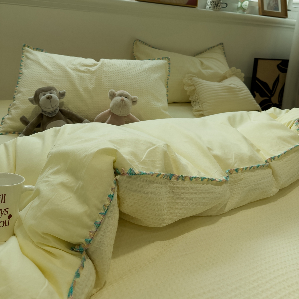 91家纺网 家纺一手货源 找家纺 雅居纺家纺 2026新款全棉贝壳边华夫格四件套 贝壳边米黄