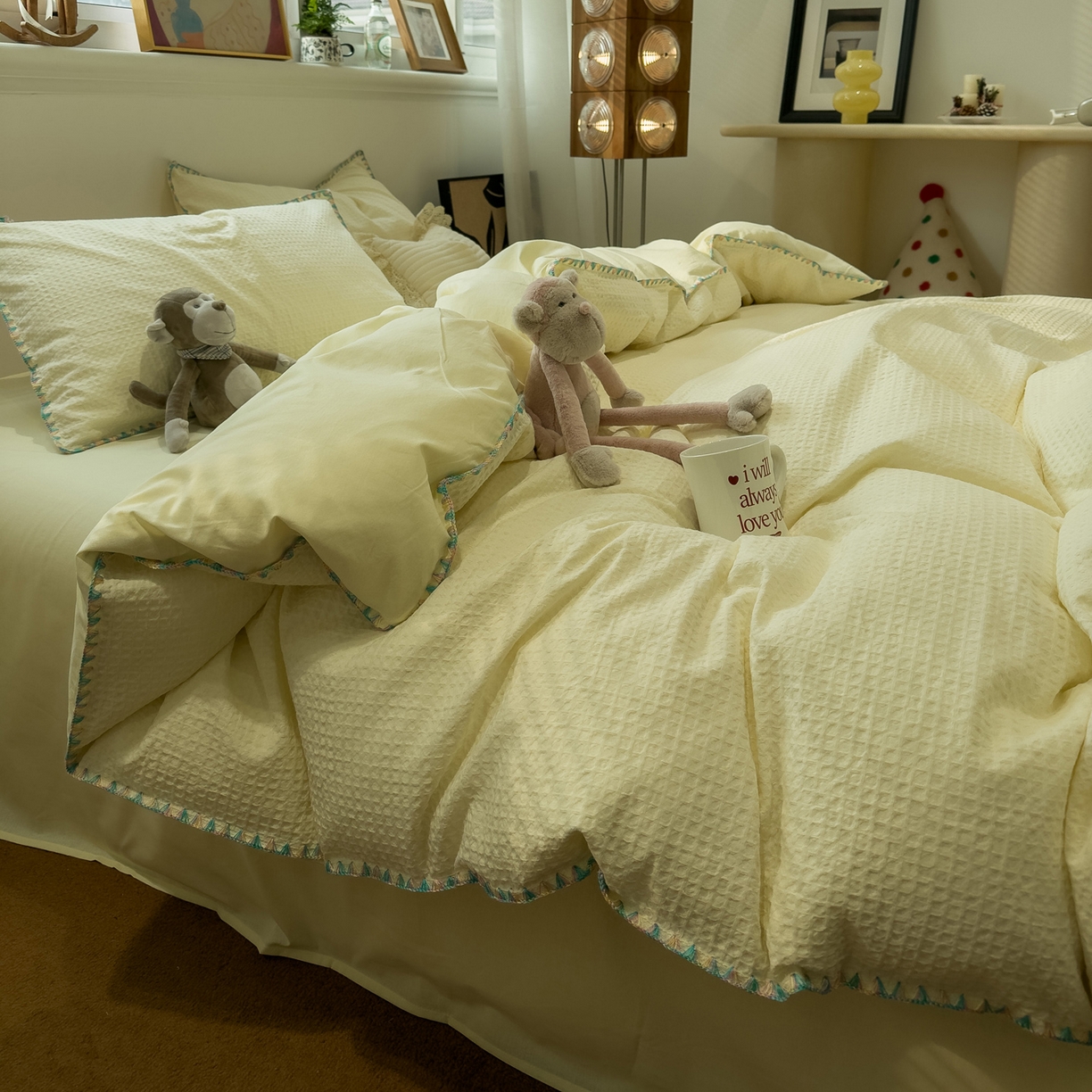 91家纺网 家纺一手货源 找家纺 雅居纺家纺 2026新款全棉贝壳边华夫格四件套 贝壳边米黄